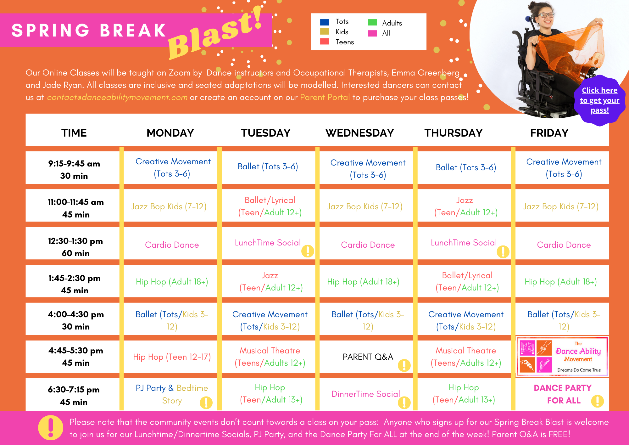 Image shows a week long calendar from Monday to Friday with all of the class offerings for March Break. Classes begin at 9:15 am and end at 7:15 pm. For specific class offerings you can call Jade at 647-825-5809 or email contact@danceabilitymovement.com.